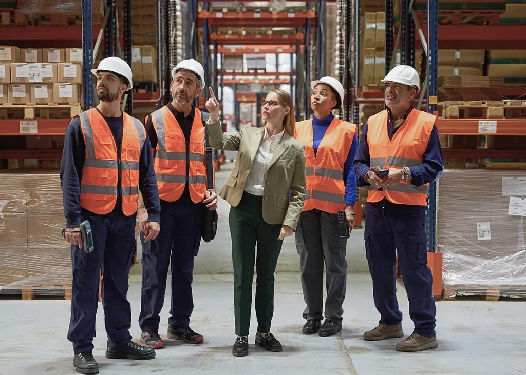 Comité de direction industriel sur un site logistique à Créteil : manager et responsables sécurité en discussion sur les priorités opérationnelles et la coordination terrain-siège