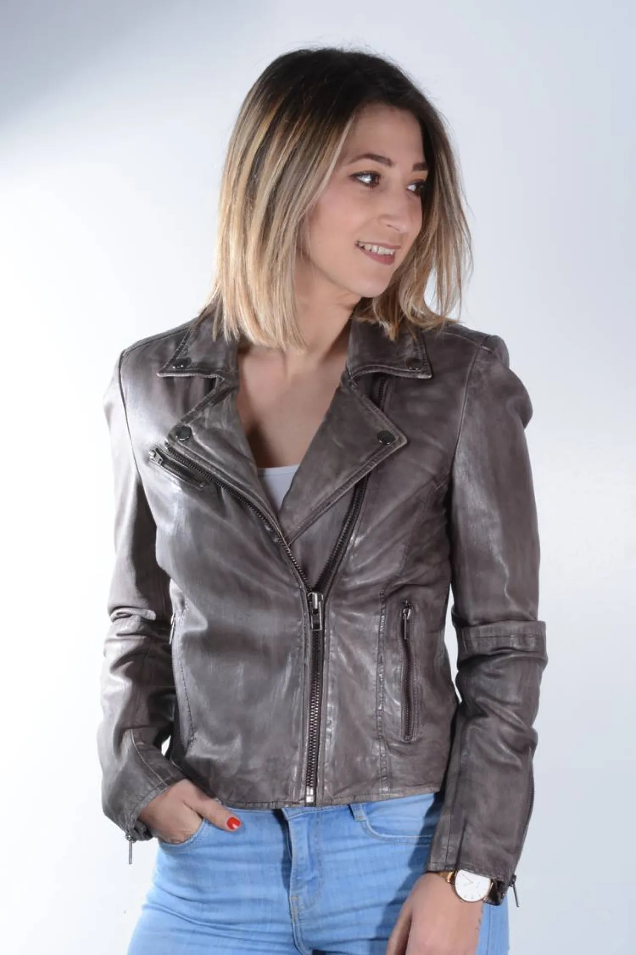 blouson perfecto cuir gris Black Lines femme