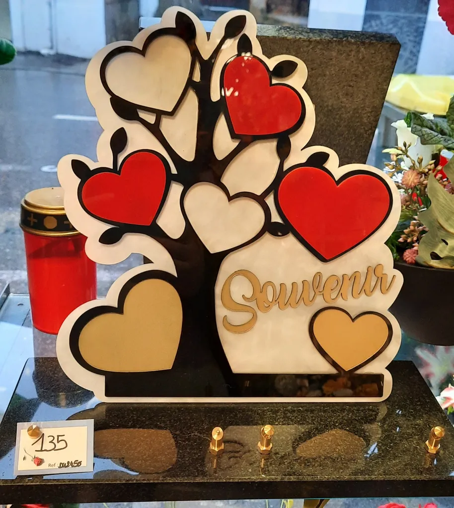 Saint Valentin Plaques funéraires en altuglas avec coeurs sur sole en granit pompes funèbres Pinault Rillieux