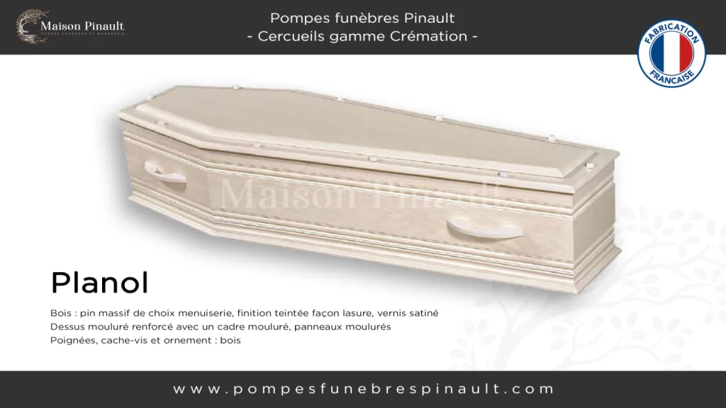 Cercueil crémation en pin lasuré blanc Planol par la maison Pinault