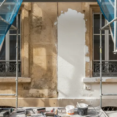 Rénovation de façade à Montpellier avec nettoyage basse pression contrôlé et application résine acrylique épaisse pontage fissures jusqu’à 1 mm en Hérault 34