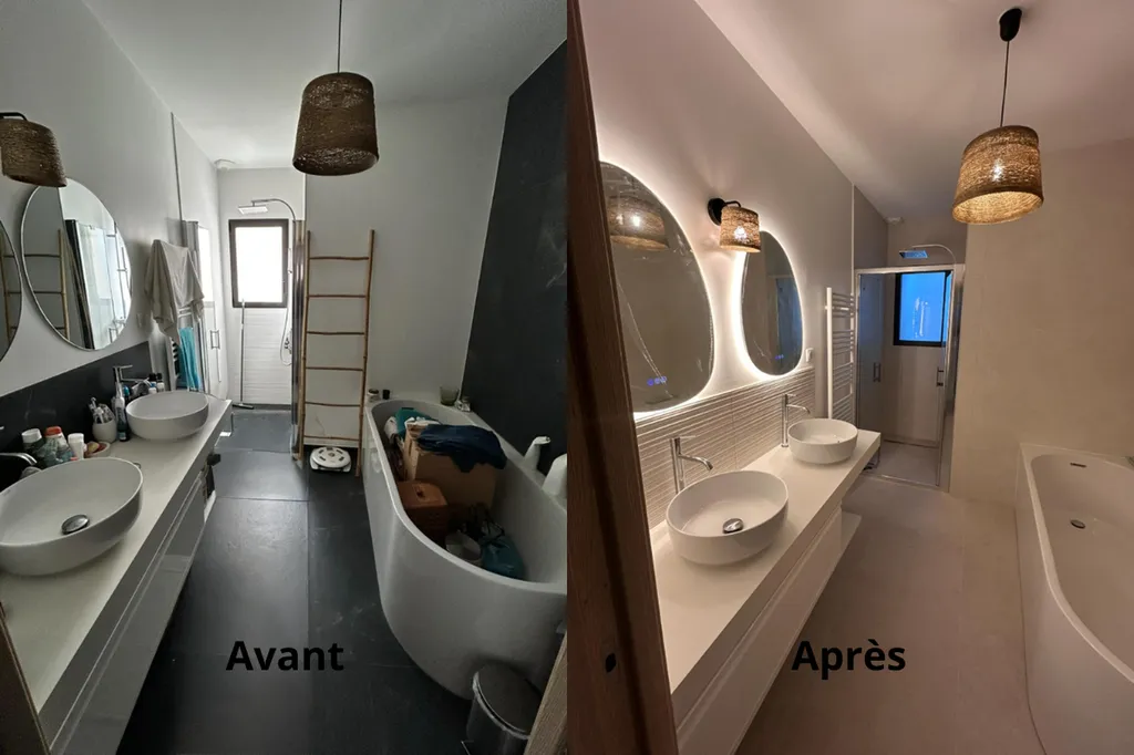 Salle de bain rénovée après dégât des eaux dans une maison à Lachassagne près de Lyon (Rhône 69