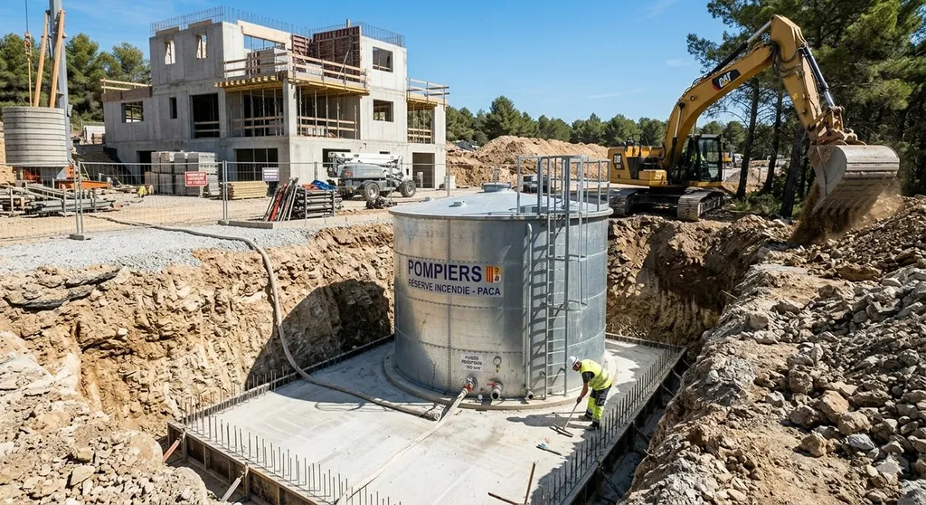 Réserve incendie enterrée en PACA installation de cuve béton ou PEHD conforme DECI avec dimensionnement et travaux complets