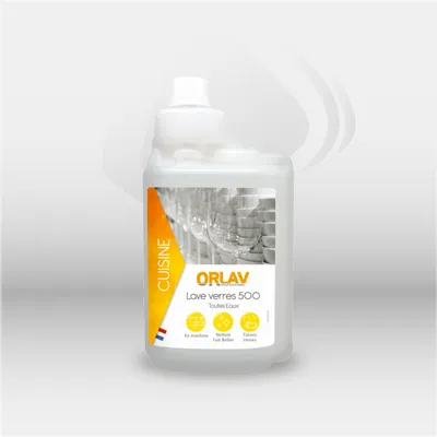 Lave-verres professionnel ORLAV 1L bidon doseur pour nettoyage de la verrerie en machine, idéal pour restaurants, hôtels et collectivités, garantissant des verres propres, brillants et sans traces après chaque lavage – disponible à Mont-de-Marsan, Landes 