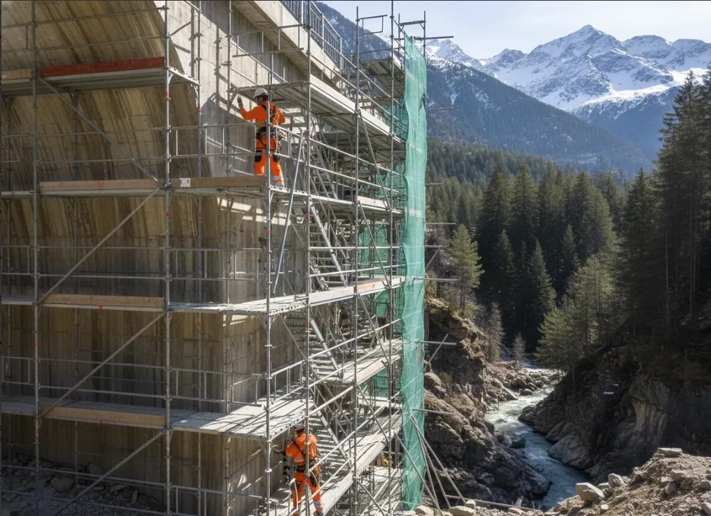 Échafaudage multidirectionnel Layher déployé sur un chantier technique pour répondre à des contraintes d’accès, de stabilité et d’adaptation sur une structure complexe