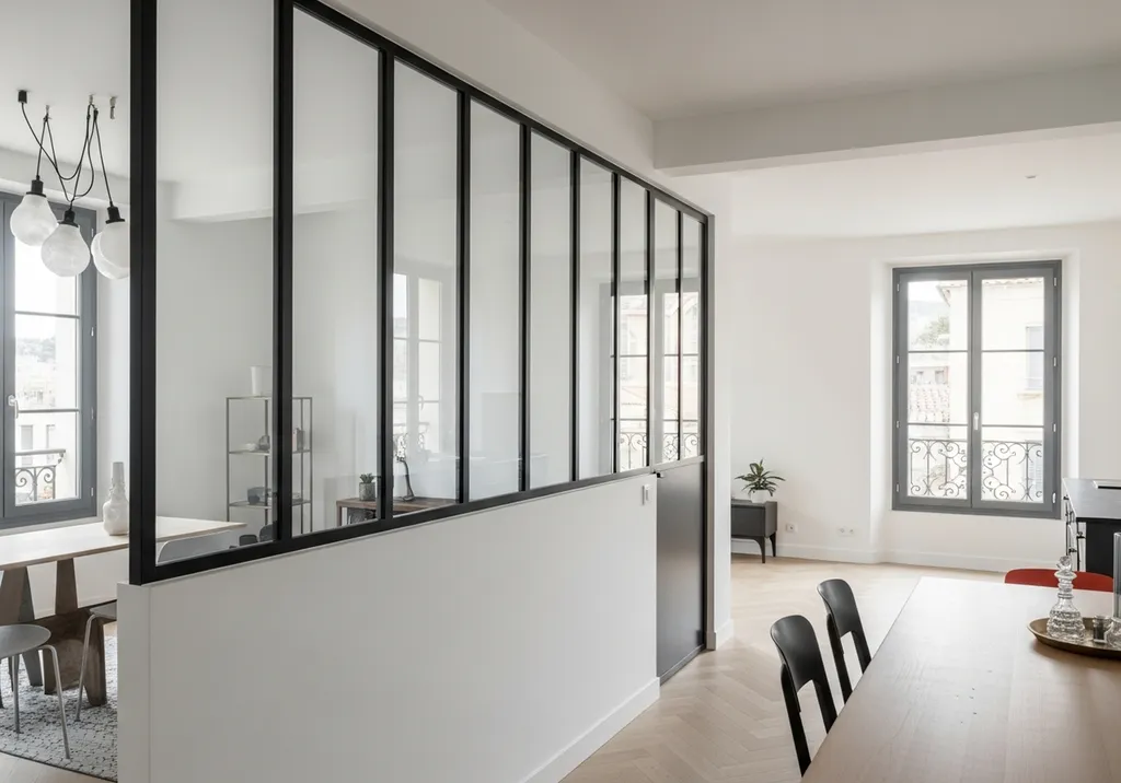 Verrière intérieure atelier acier installée dans appartement La Ciotat pour sublimer volumes apporter luminosité style loft contemporain