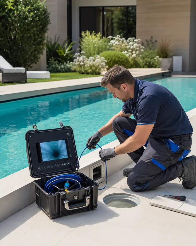 Recherche de fuite de piscine par caméra d'inspection vidéo dans les Bouches-du-Rhône – détection de fuite par endoscopie de canalisation à Aix-en-Provence, Marseille et Les Pennes-Mirabeau