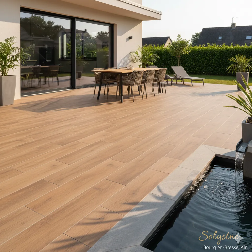 carrelage extérieur imitation bois et margelle grise à bourg en bresse