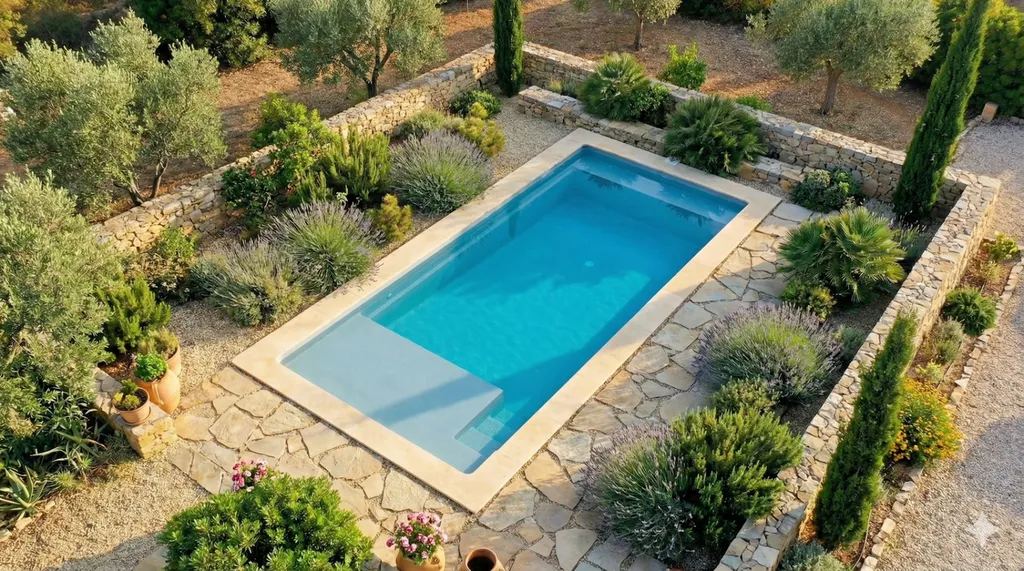 Joli piscine vue aerienne dans jardin du var