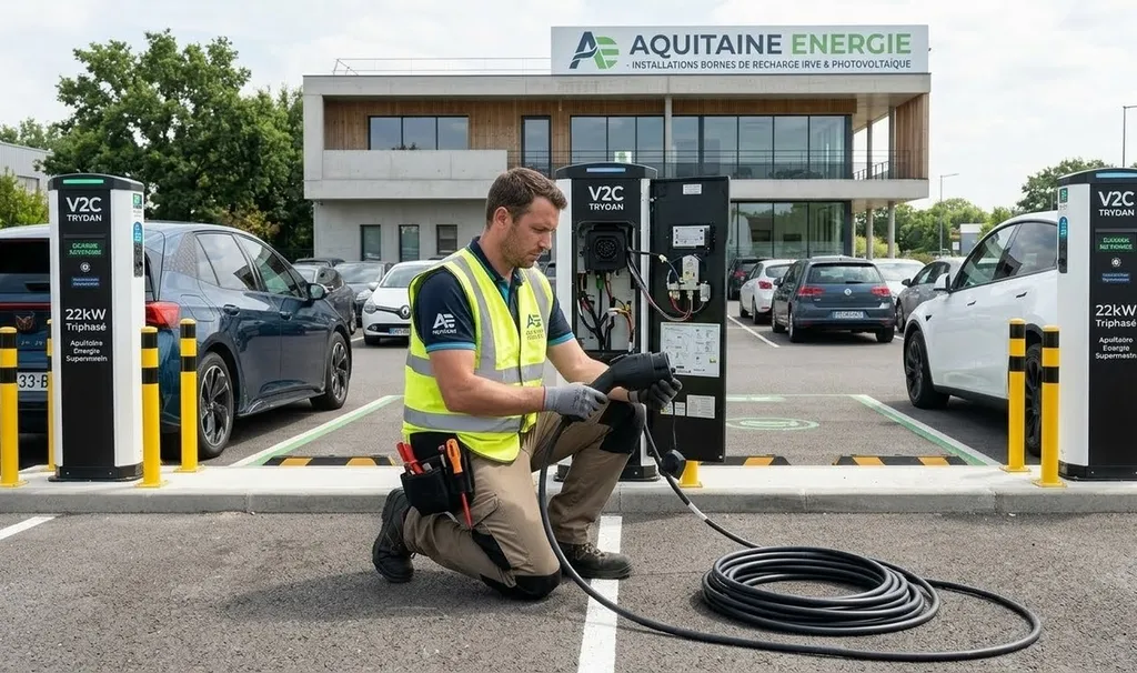 À Villenave d'Ornon 33140 en Gironde, installation de bornes de recharge triphasées avec supervision par Aquitaine Energie.