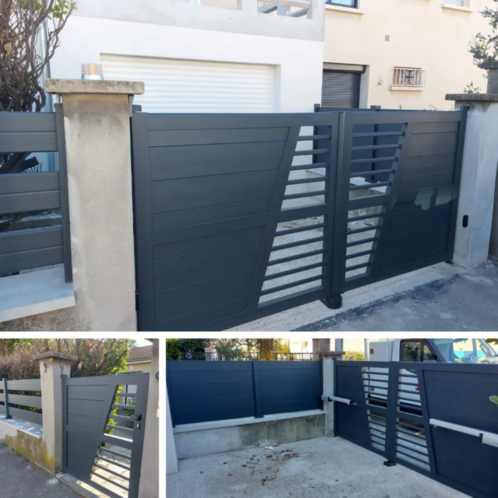 pose d'un portail alu motorisé avec portillon et clotures assortis à Lyon par 3 Baies