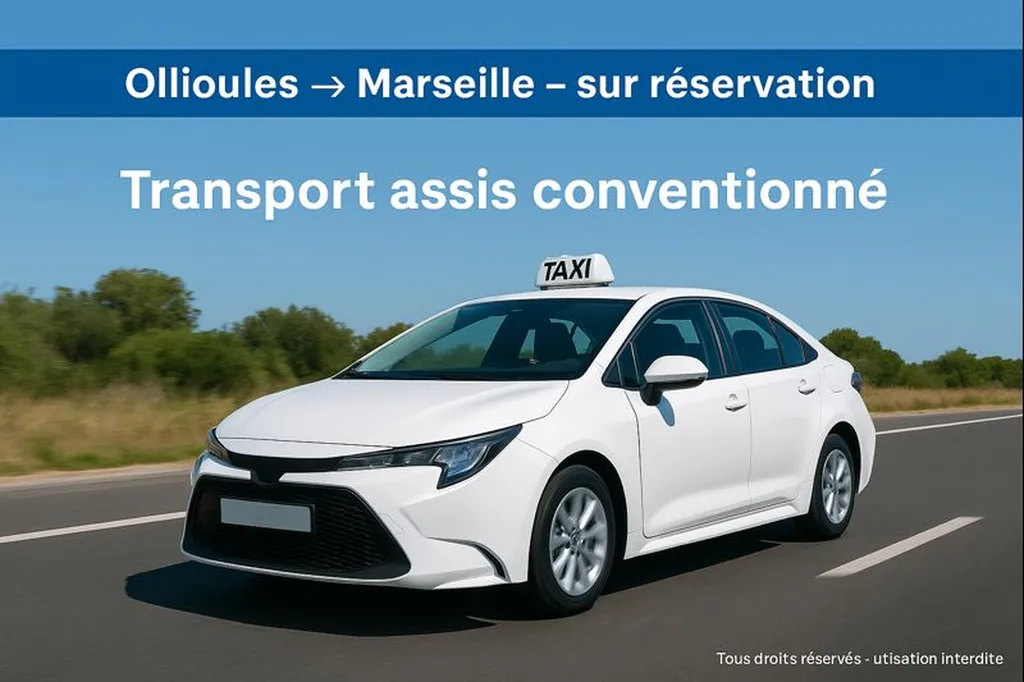 Taxi conventionné assurant un transport assis professionnalisé depuis Ollioules vers les hôpitaux de Marseille, sur réservation.