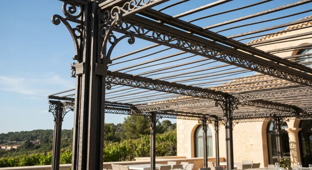 Création de pergolas en fer forgé sur mesure pour terrasse de dégustation de domaine viticole à Ramatuelle proche de Saint-Tropez (83)