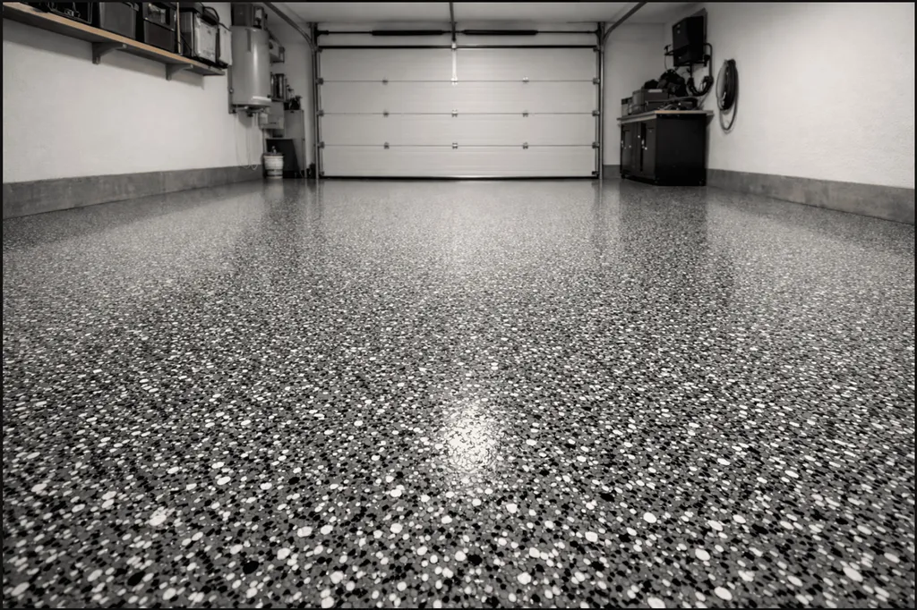 Pose de polyaspartique avec paillette PVC 3 mm pour garage complet à usage résidentiel à Bègles proche de Bordeaux