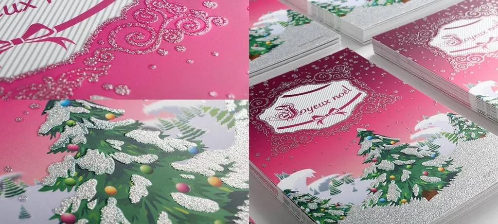 graphiste marseille propose création graphique et impression de carte finition paillette noël, christmas, fêtes jour de l'an