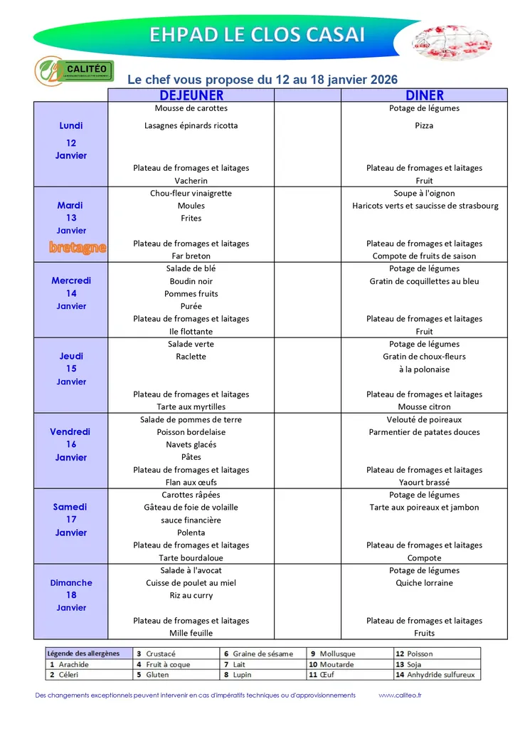 Menu du lundi 12 janvier 2026 au dimanche 18 janvier 2026