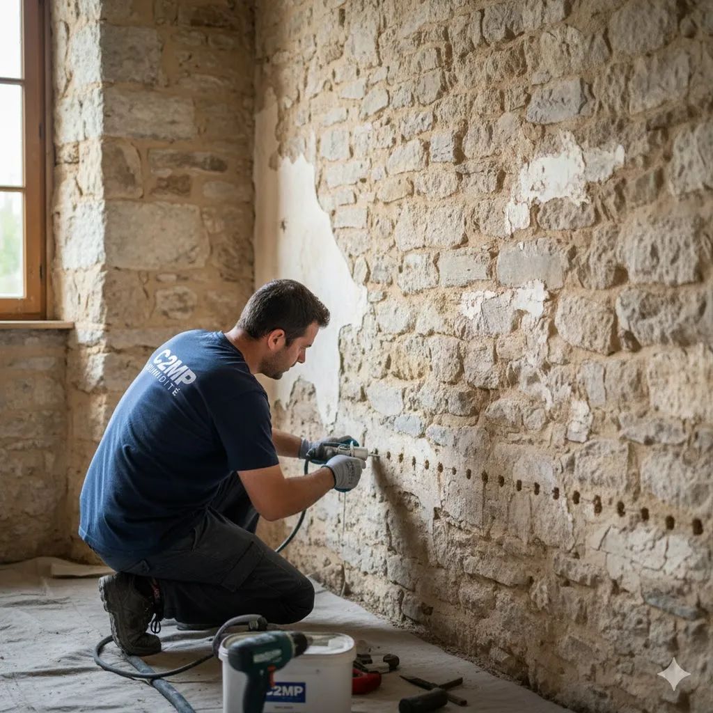 Technicien injectant une résine hydrofuge dans les murs pour bloquer les remontées capillaires à Libourne (33500).