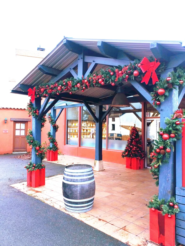 Décoration de Noël de la Cave des Tournons avec sapins synthétiques, guirlandes artificielles et tableaux de Noël garnis de boules rouges gourmandes à Charnay-lès-Mâcon
