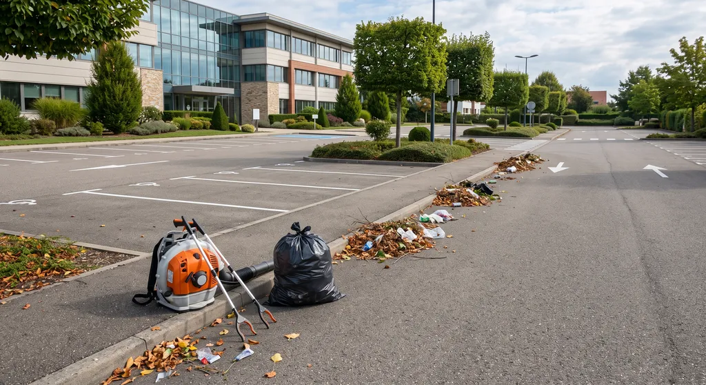 Nettoyage de parkings professionnels avec ramassage des déchets et souffleur à Geispolsheim proche d’Illkirch en Alsace pour entreprises collectivités et syndics