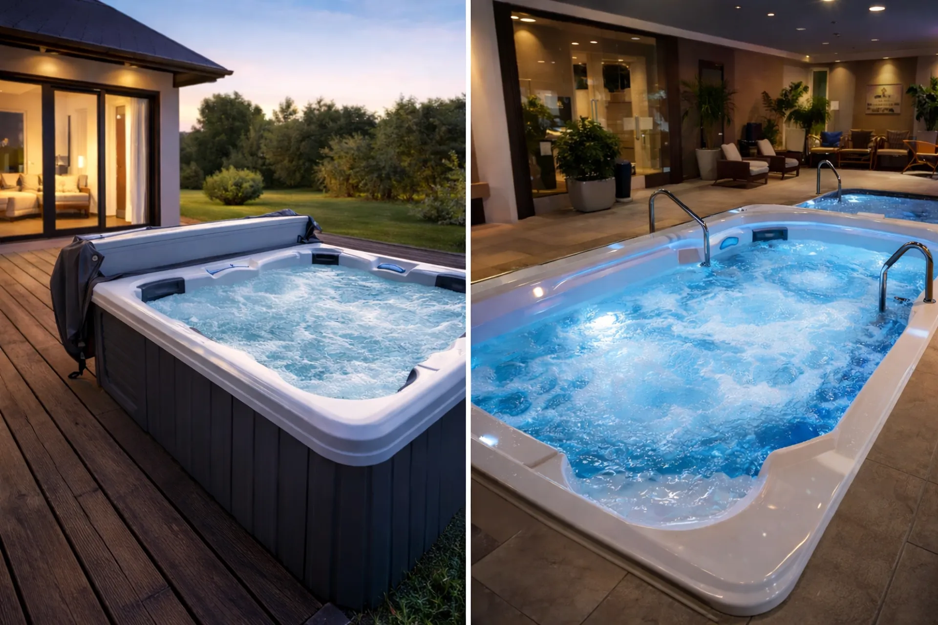 Illustration montrant les différences de consommation électrique entre un spa à usage particulier et un spa à usage professionnel.