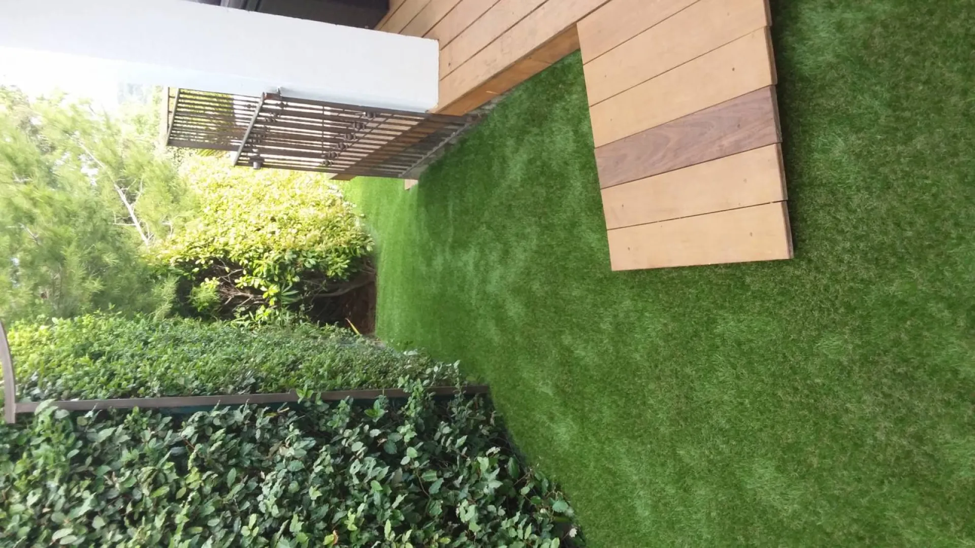 Pose d'un gazon artificiel à proximité d'une terrasse en bois exotique en IPE 