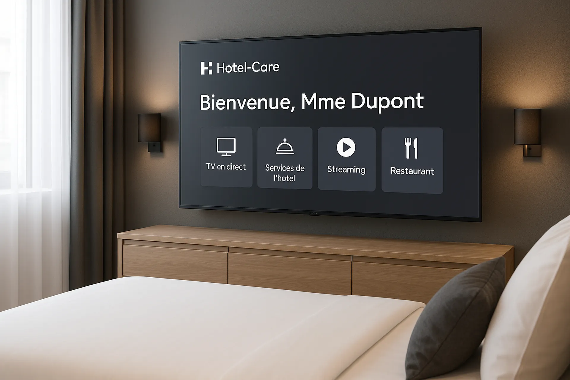 Menu personnalisé pour TV hotel avec nom du client liaison PMS