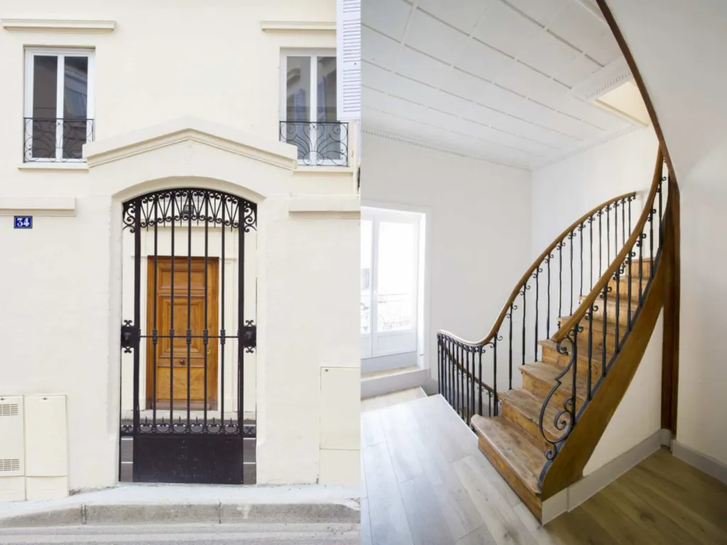 reportage photographique de la réhabilitation d'un hôtel particulier en logements portillon et montée d'escalier en bois