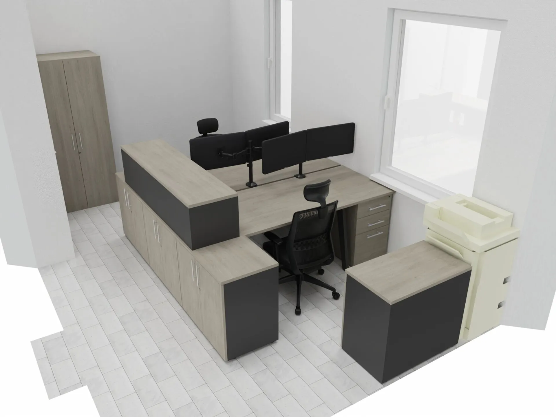 Bureau face à face avec armoire et top box de rangement