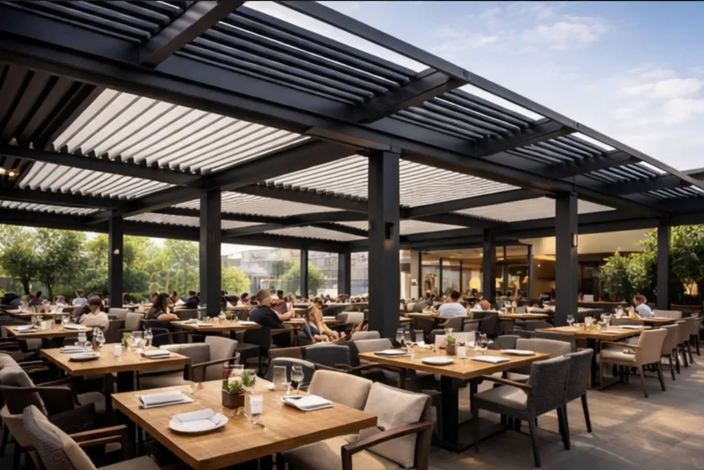 pergolas bioclimatique noir ultra en aluminuim Technal XXXL pour la grande terrasse ce restaurant près de Cassis