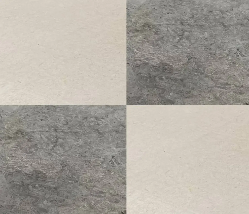 Dallage en damier gris et blanc en pierre naturelle de Dordogne