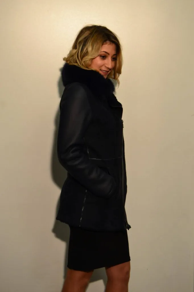 veste peau lainée noire femme