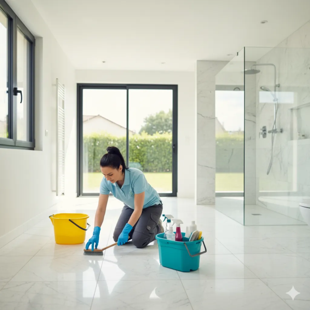 Femme de ménage effectuant un grand nettoyage dans une villa à Eysines.