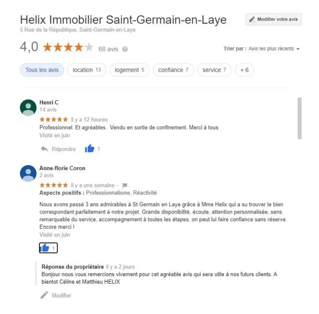 Avis client de l'agence Helix Immobilier de Saint Germain en Laye après 3 ans admirables