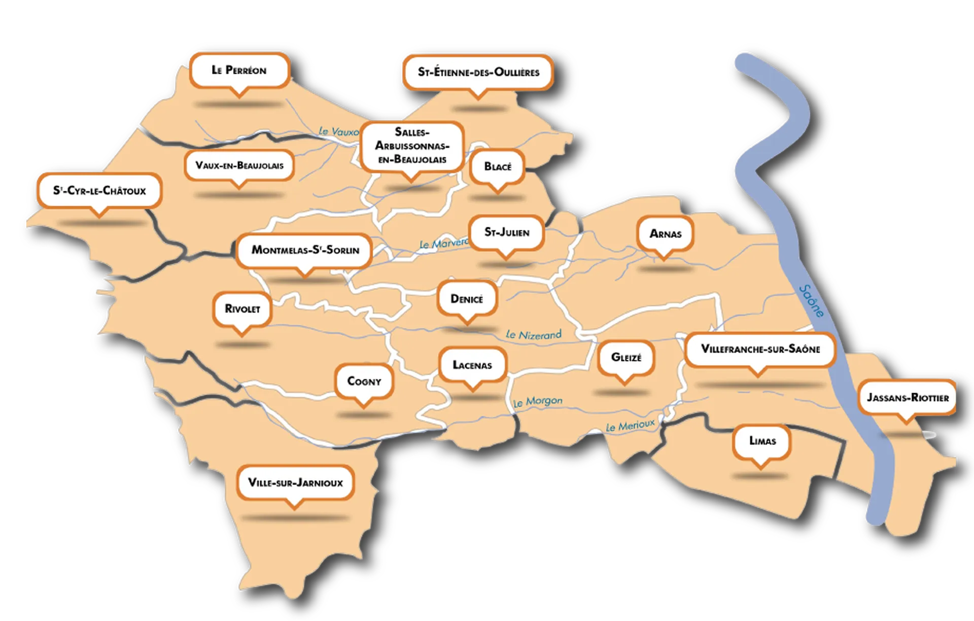 Les communes membres de l'agglomération éligibles aux aides à points : Villefranche-sur-Saône, Limas, Gleizé, Anse, Arnas, Jassans-Riottier et l'ensemble des villages partenaires du Beaujolais et du Val de Saône