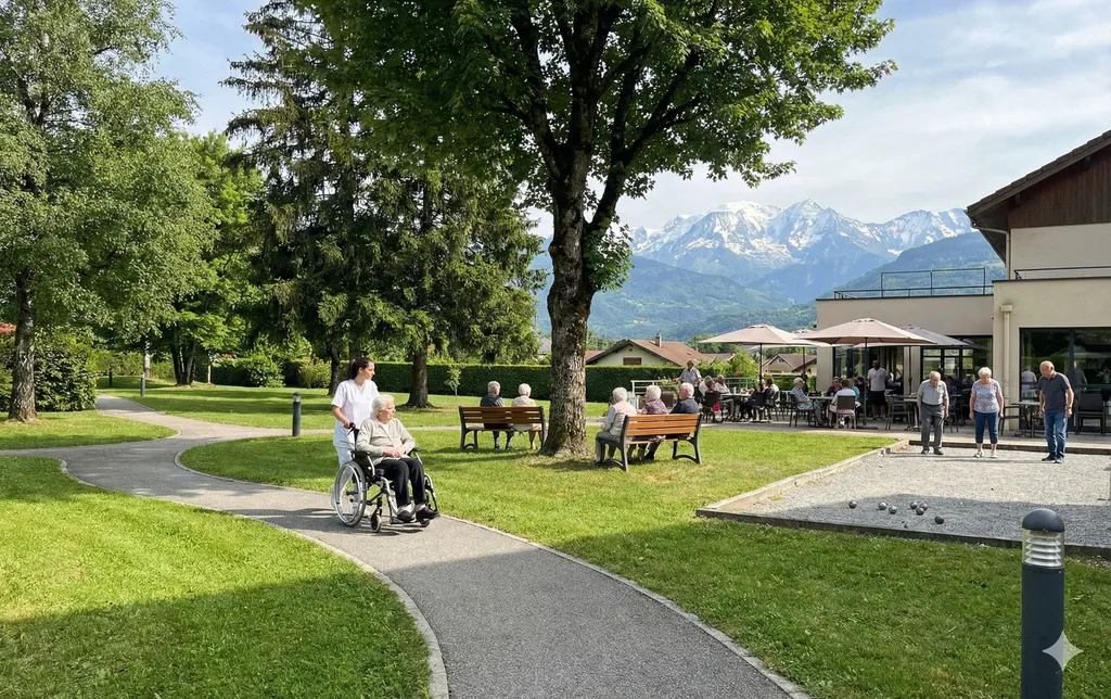 Les espaces extérieurs au Clos Casaï à Marignier : un parc arboré d'un hectare avec vue sur les montagnes de Haute-Savoie