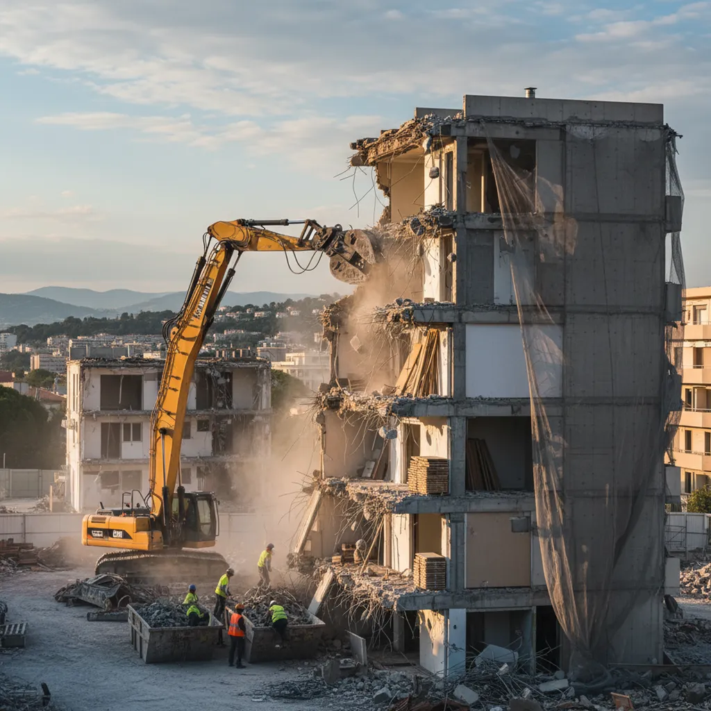 Déconstruction de bâtiment de A à Z à Cannes vers Le Cannet : mise en sécurité, curage manuel et abattage mécanique.