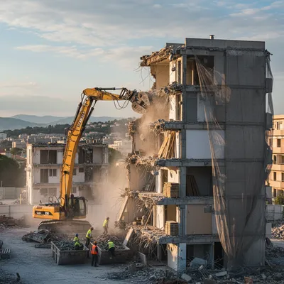 Déconstruction de bâtiment de A à Z à Cannes vers Le Cannet : mise en sécurité, curage manuel et abattage mécanique.