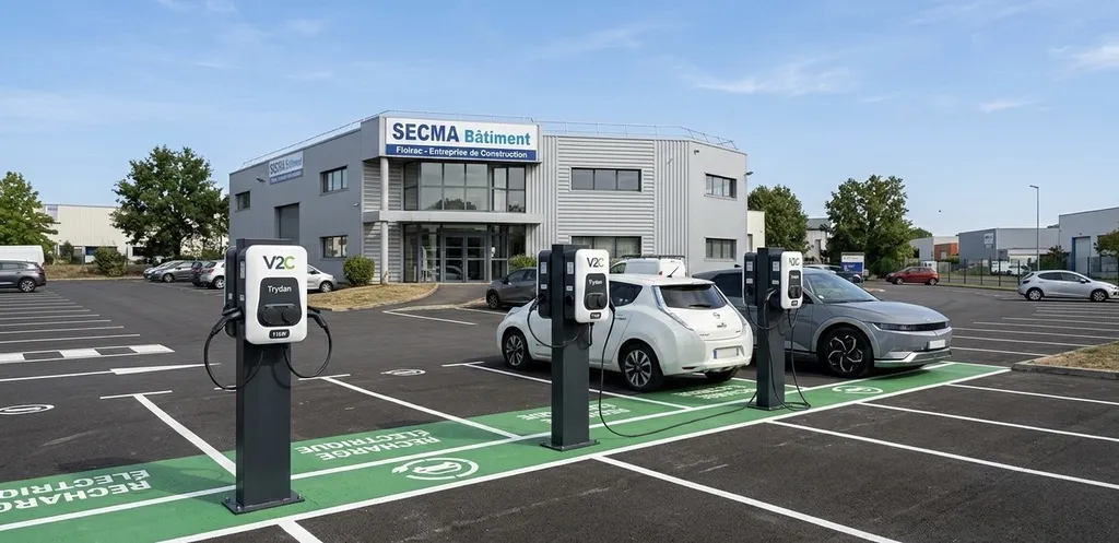 À Bordeaux 33 et dans la CUB, mise en conformité Loi LOM des parkings d'entreprises par l'installation de bornes de recharge doubles 11kW supervisées avec l'expertise métier d'Aquitaine Énergie.