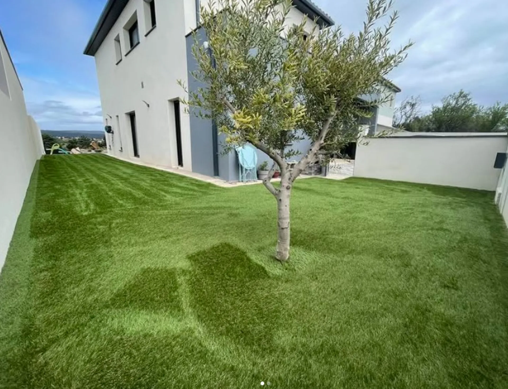 Pose de gazon synthétique 42 mm et plantation d’olivier à Gigean : aménagement paysager esthétique et sans entretien durable