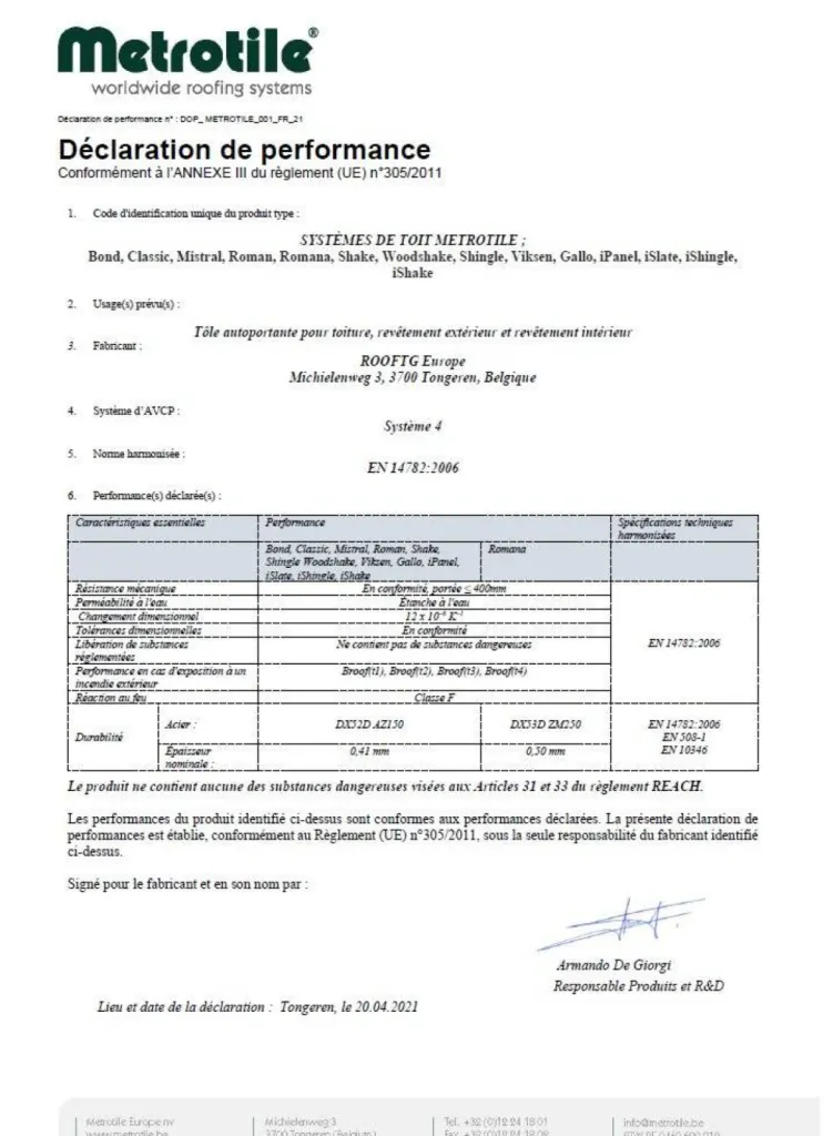 Marquage CE déclaration de performance METROTILE