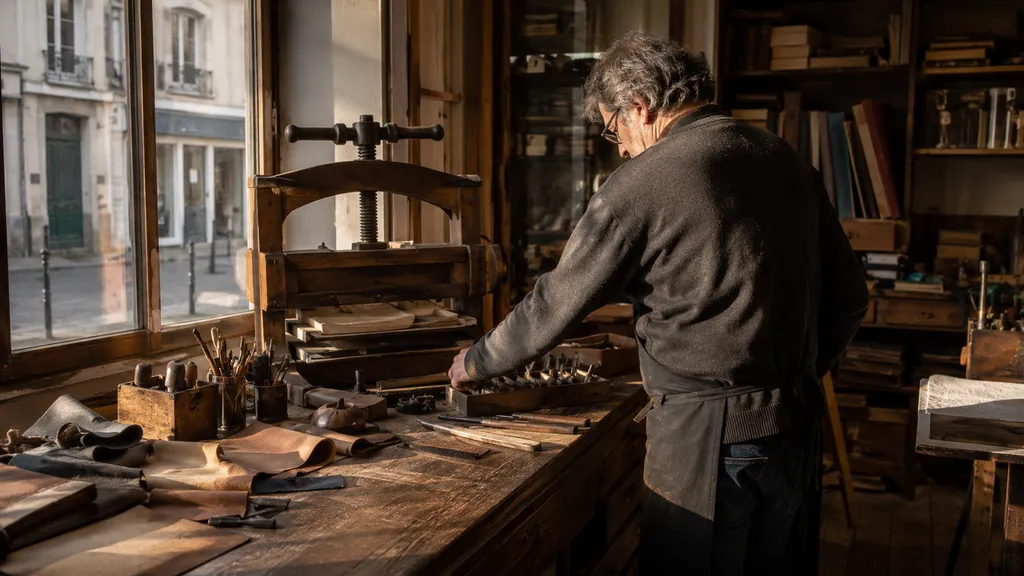 Atelier de reliure en centre-ville de Fontainebleau, fin d'après-midi