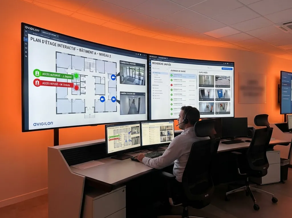Interface avancée Avigilon ACC, plan interactif bâtiment temps réel, recherche unifiée événements badge + clips vidéo