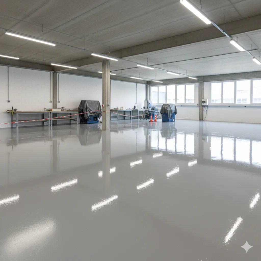 Application de résine époxy SIKA sur sol béton rénové dans un environnement professionnel à Toulouse proche de Balma et de l’Est toulousain