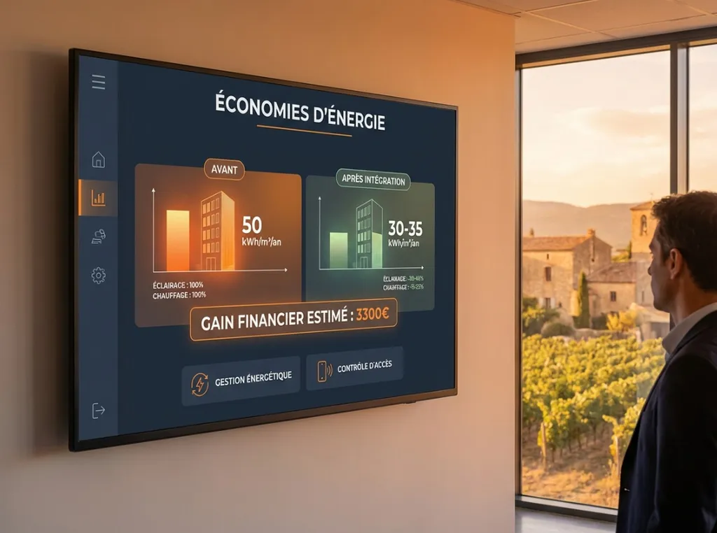 ableau de bord analytique présentant les économies d'énergie réalisées grâce au couplage contrôle d'accès et gestion technique du bâtiment