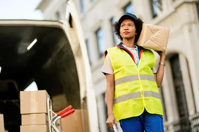Activité de logistique urbaine et de livraison de marchandises dans un environnement professionnel dense.