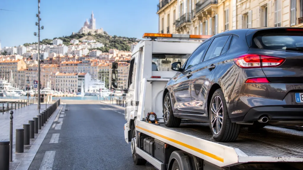 Dépanneuse transportant une voiture en panne à Marseille centre-ville pour un remorquage rapide et sécurisé.