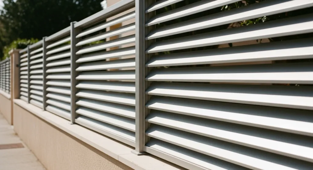 Clôture aluminium moderne sur muret avec habillage persienné à Roquebrune