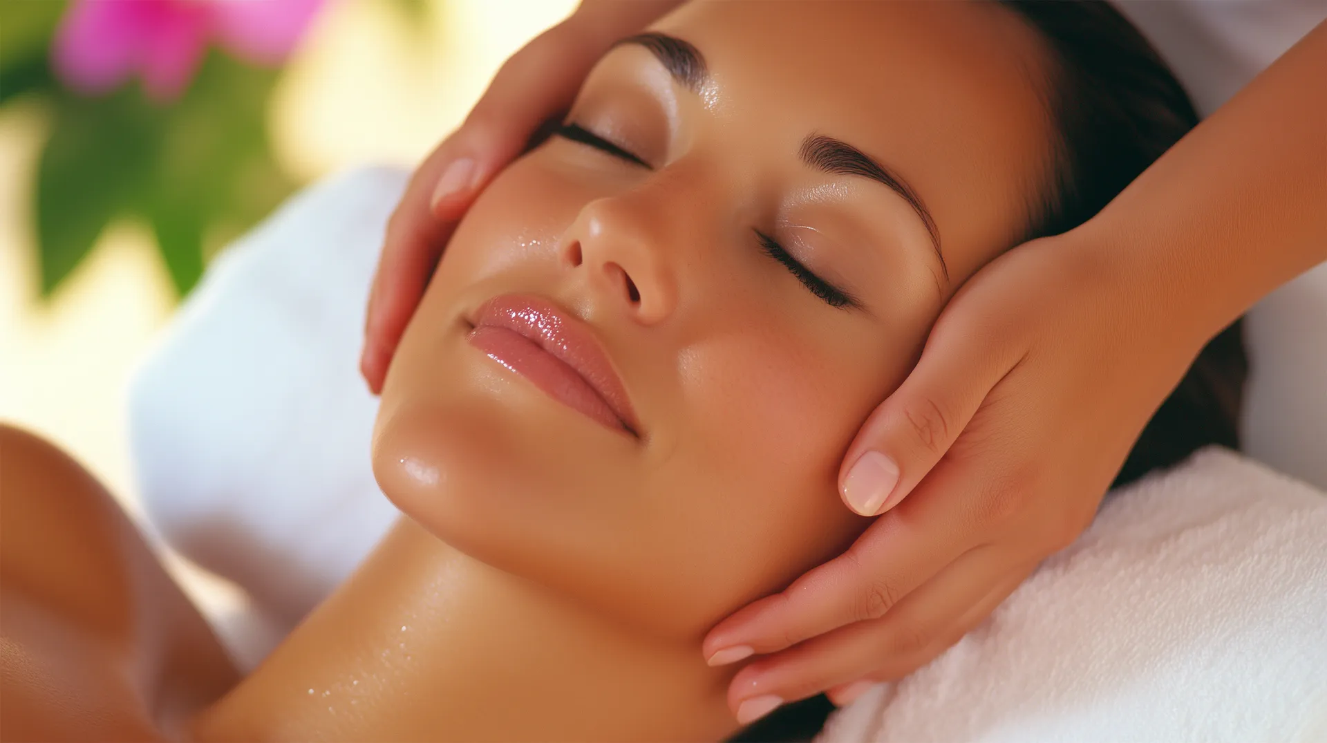 Massage Kobido en cours de réalisation : manœuvre liftante précise sur l’ovale du visage, illustrant la technicité du massage liftant japonais enseigné en formation Kobido e-learning par Aglaé Académie.