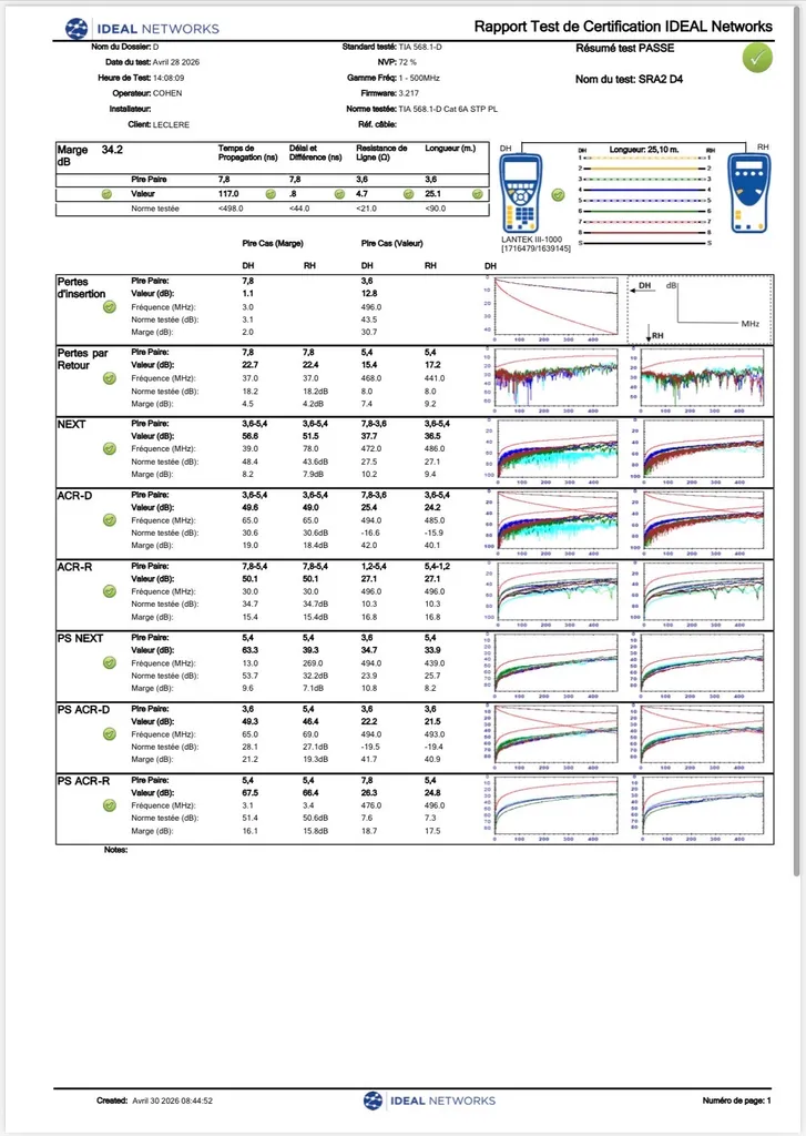 Certification de réseaux informatiques RJ45 à Eygalières avec testeur Lantek III, rapports de conformité catégorie 6A, diagnostic de performance et validation de câblage structuré.