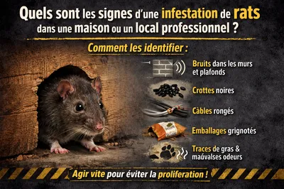 Principaux signes révélateurs d’une infestation de rats dans une habitation ou un local professionnel : bruits dans les murs ou les plafonds, présence de crottes noires, câbles ou emballages rongés, traces grasses le long des murs et mauvaises odeurs pers